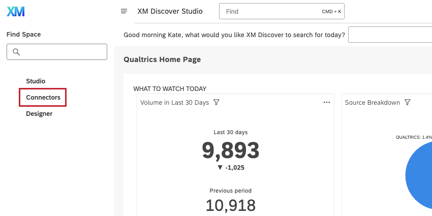 il menu che si apre a sinistra mostra lo studio designer e i connettori come opzioni