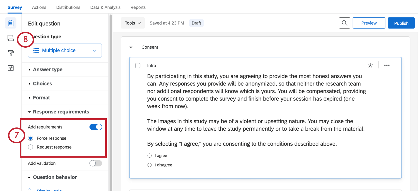 Force response in editing pane to left; left toolbar has survey flow button