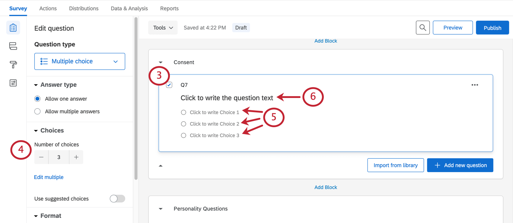 Une question est sélectionnée