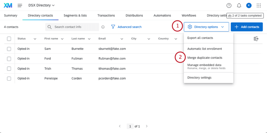 Al hacer clic en fusionar duplicados en las opciones del directorio