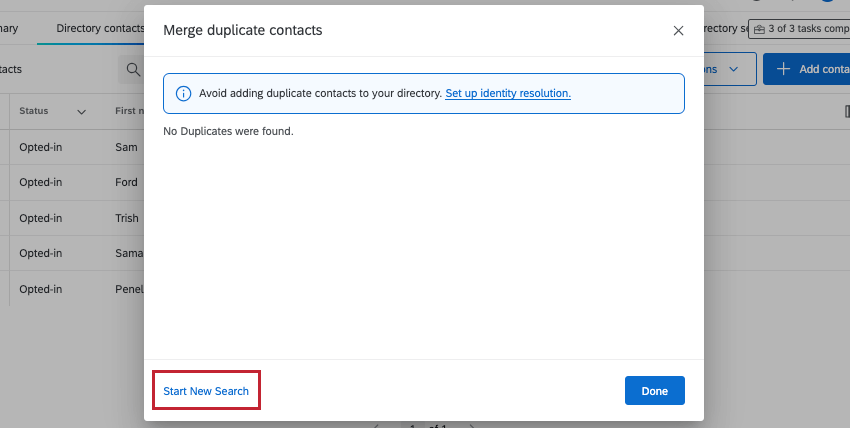 Bouton Démarrer une nouvelle recherche en bas à gauche de la fenêtre de fusion des contacts Dupliquer