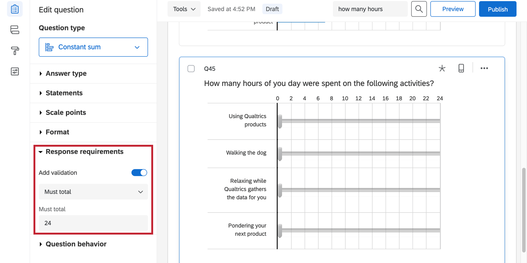 Under validation, must total is set to 24