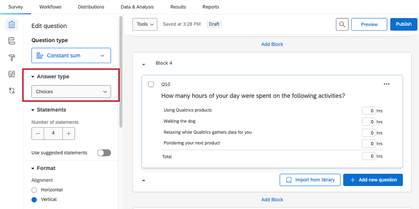 O Constant Sum está definido como Choices e tem caixas de texto