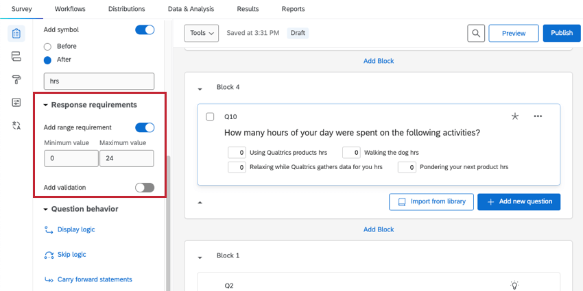 Options for "add range requirement" in the response requirements section of the question editing pane