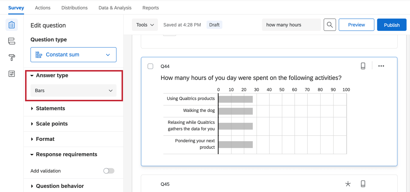 Bars is selected, so the constant sum looks like bars you can drag to indicate the numeric answer for each choice