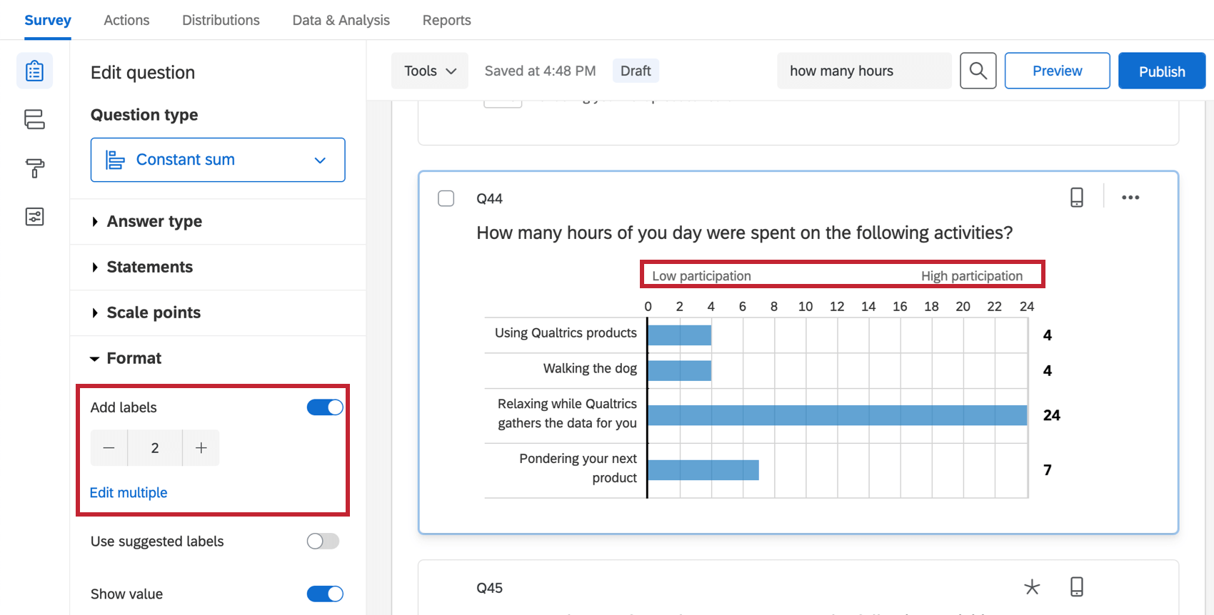 Etichette è impostato su 2, quindi vengono visualizzate 2 etichette sopra le barre
