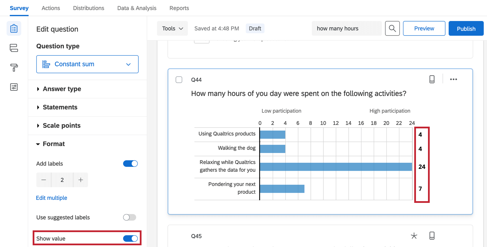 Mostrar valor está selecionado, portanto, avançar de cada barra, um valor é exibido à direita