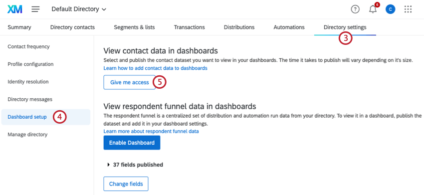 botão para ativar dados contato em painéis nas configurações diretório