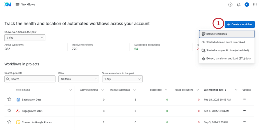 sur la page globale des flux de travail, en cliquant sur le bouton Créer un flux de travail, puis en sélectionnant loption ETL