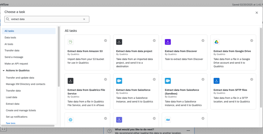 new window with many extraction tasks to choose from