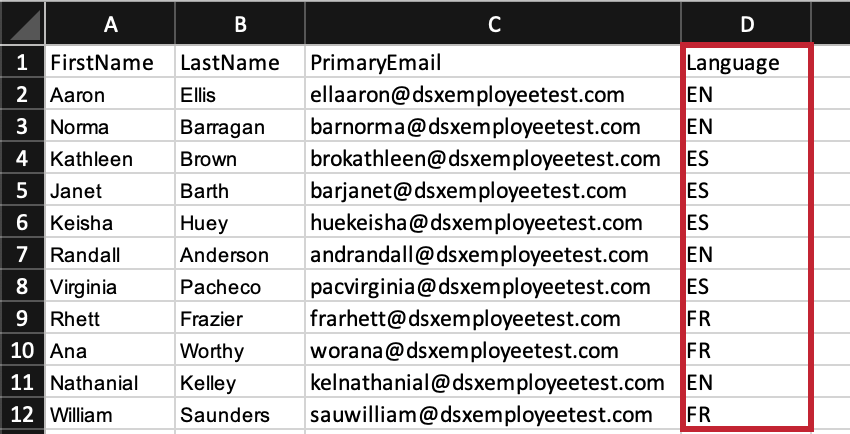 Spreadsheet with a Language column populated with Language codes