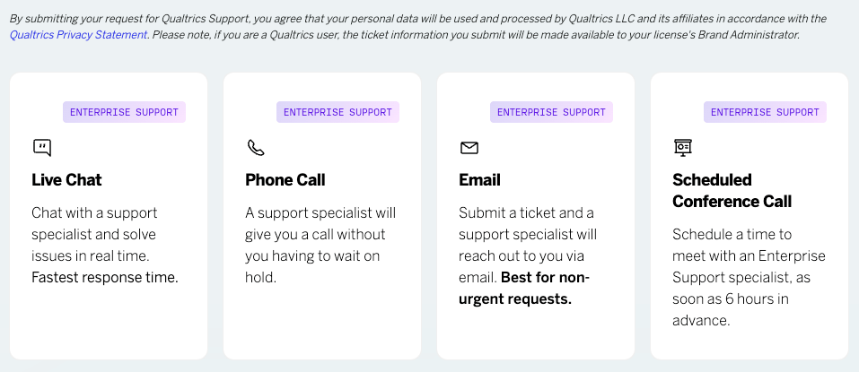 Support channels at the bottom of the form