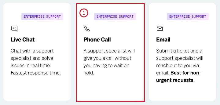 Phone support at the product and technical support page