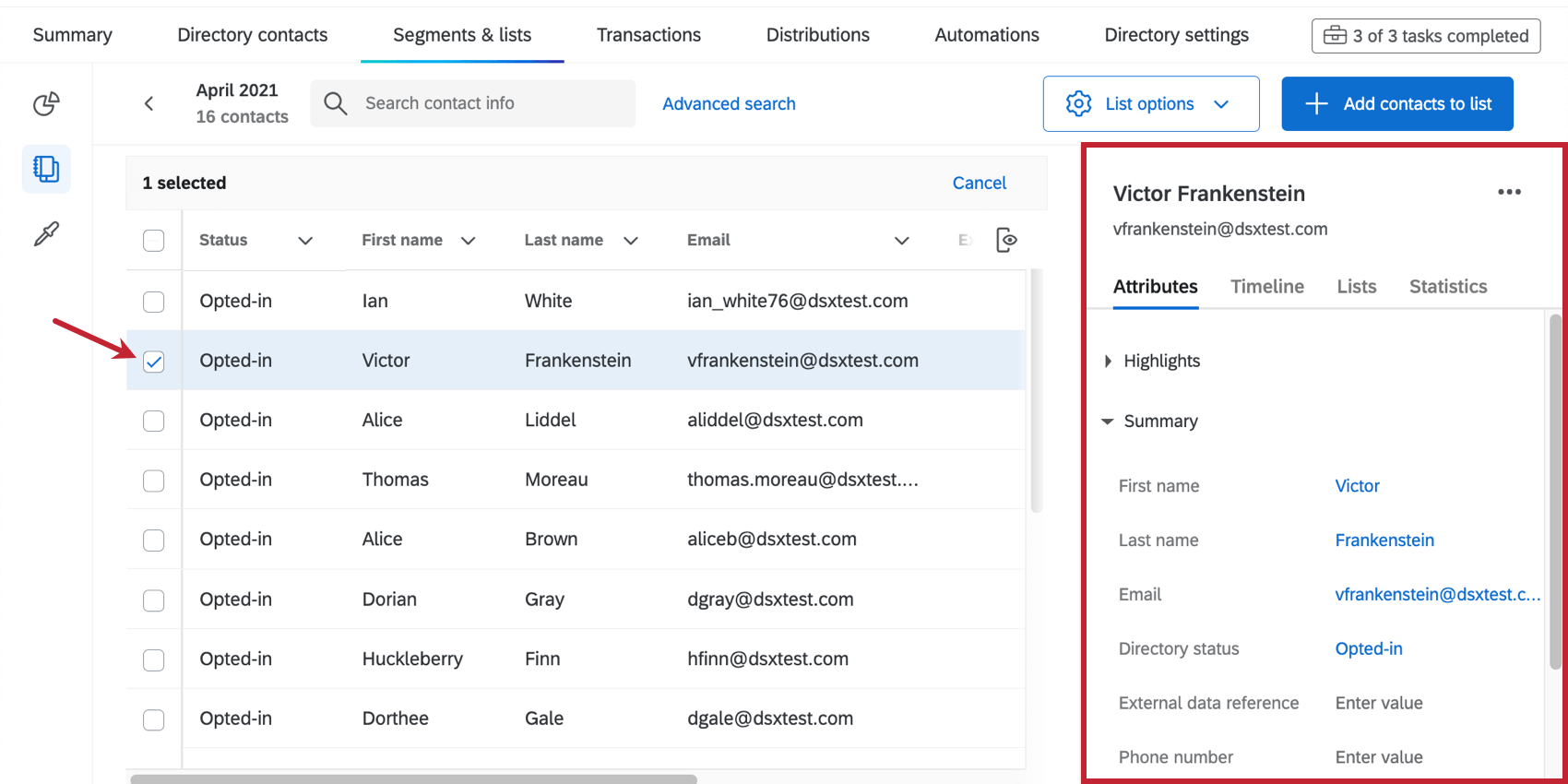 Image of how, When you select a contact, a menu opens to the right containing information about them