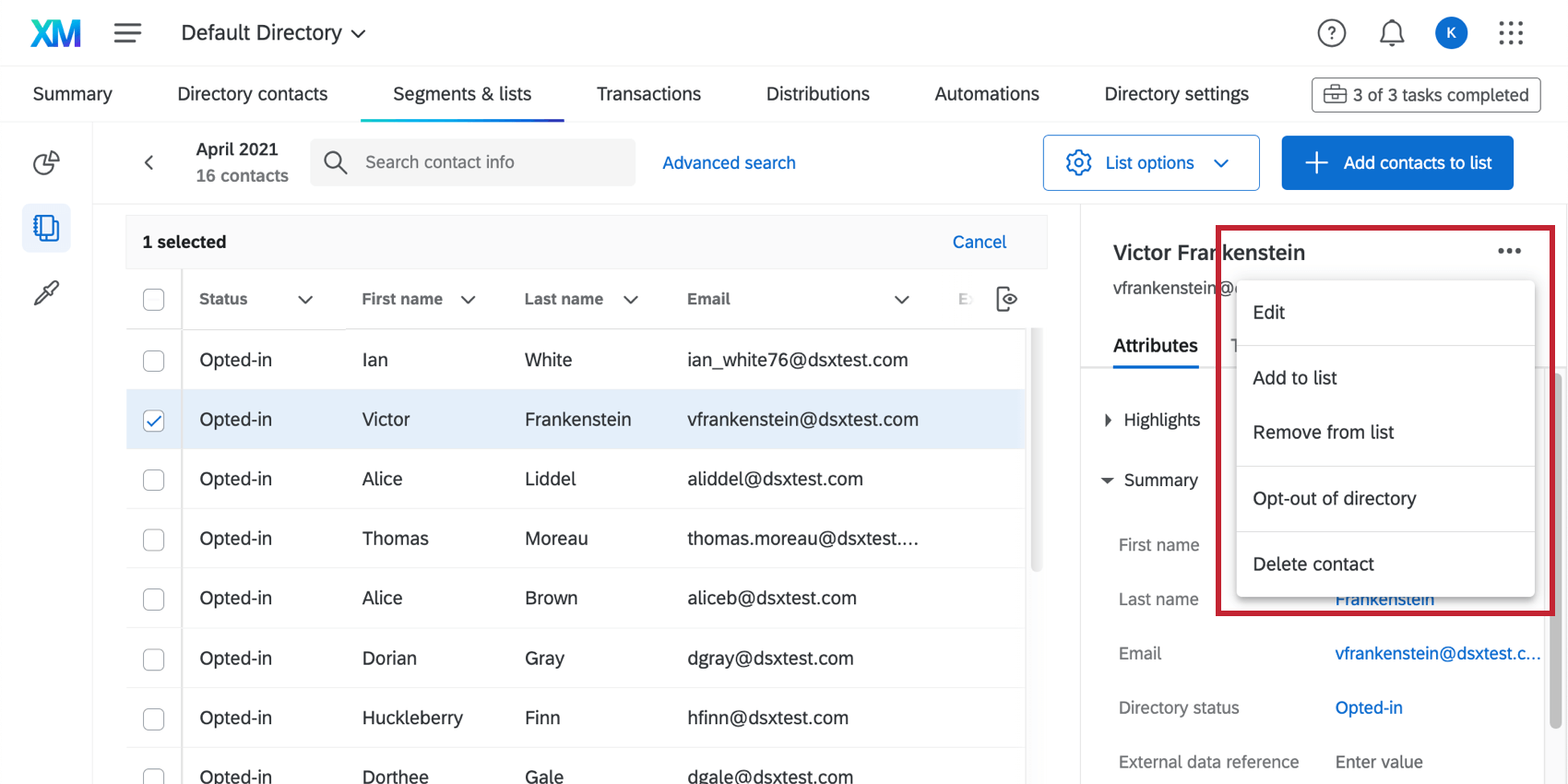 Image of one contact selected, the dropdown on the right expanded