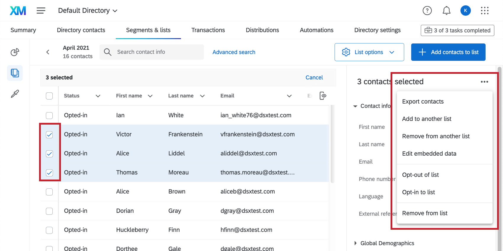 Image de plusieurs contacts sélectionnés, le menu déroulant à droite sagrandit