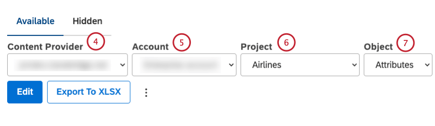 Sélectionnez le fournisseur de contenu, le compte et le projet. Sélectionnez Attributs ou Modèles dans le menu Objet.