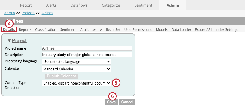 details tab with project configuration options