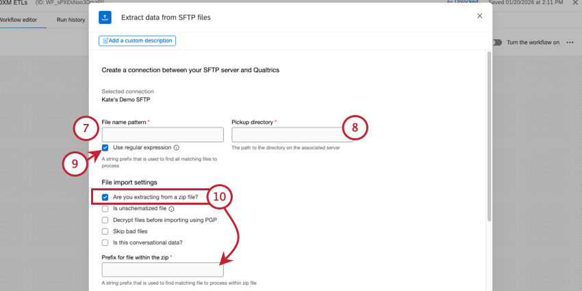 entering a file name, directory, and zip prefix