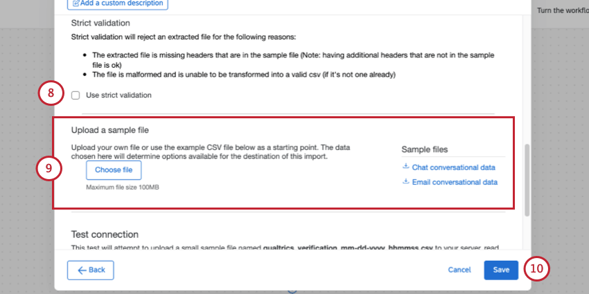 Se resaltan los archivos de muestra de datos conversacionales de chat y correo electrónico.