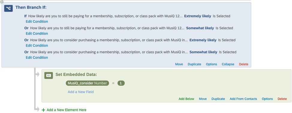 Lange Bedingungen in einer Verzweigung, die beide Versionen der oberen Felder der Staffelfragen abfangen sollen, führen dazu, dass die eingebettete Daten gleich 1 sind.