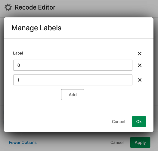 Recode editor window with 0 and 1 entered