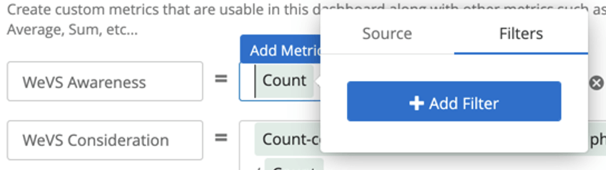 Clicking count reveals an expanded menu with a filter tab where you can click to add filter