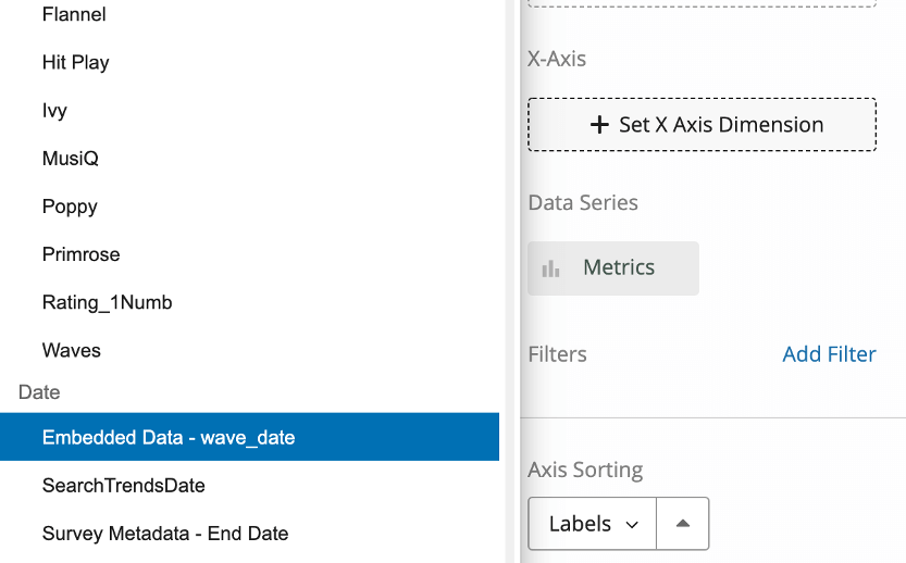 Clicking set X Axis dimension opens a menu to the left. We have highlighted the embedded data field for wave date
