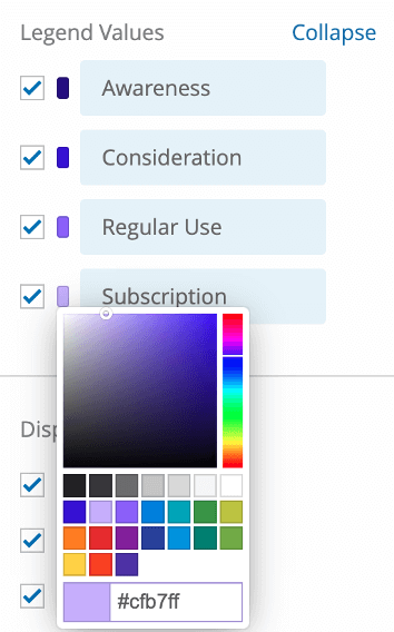 Valores de leyenda del widget, donde puedes elegir un color para cada campo