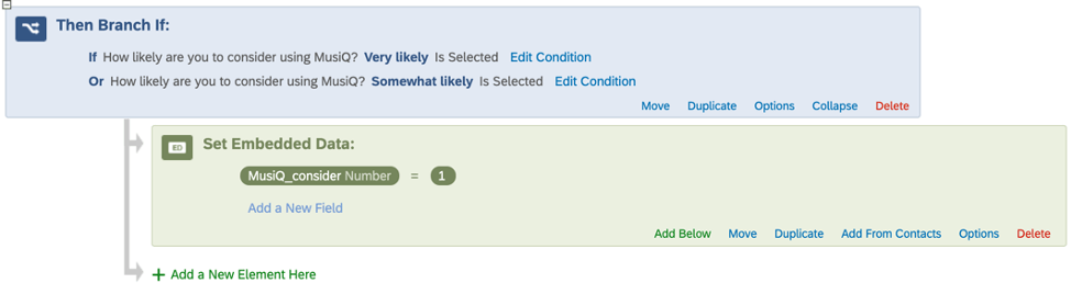 Blue branch in survey flow, indented under it is a green embedded data field