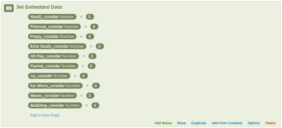 El elemento de Datos embebidos tiene una lista de campos como Musiq_consider = 0, Primrose_consider = 0; esencialmente, cada marca/organización, guión bajo, considere, establezca igual a 0