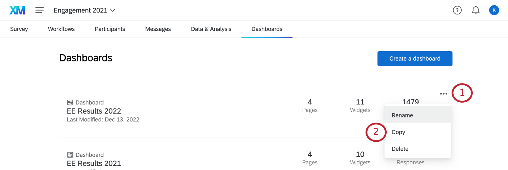 Ações Dashboard no menu suspenso Copiar opção