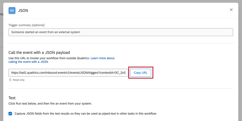 o botão copiar url em um evento json