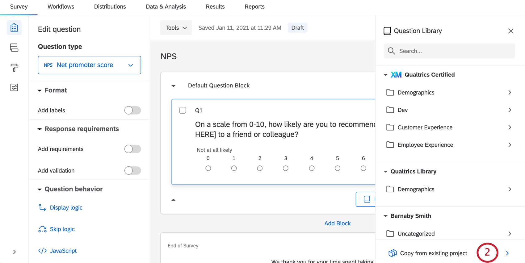 Survey library menu open to the right, "copy from an existing project" is the very last option