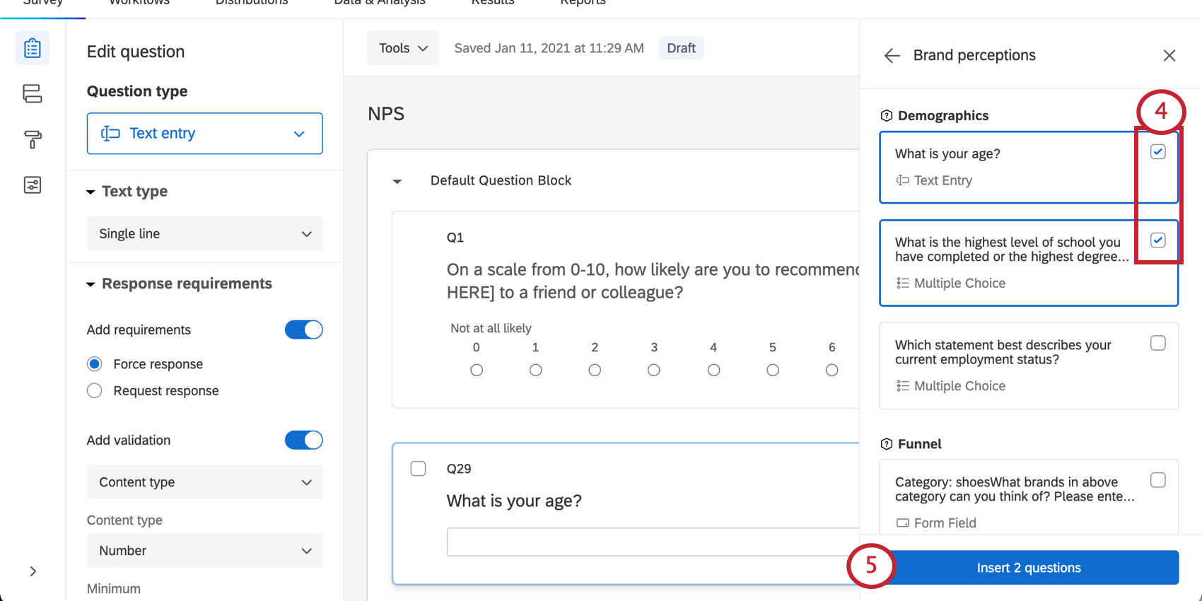 Selected questions, insert button at bottom