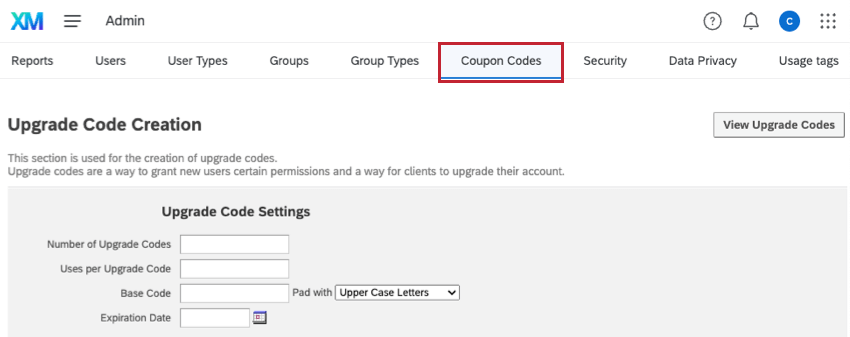 Coupon Codes tab within the Admin page