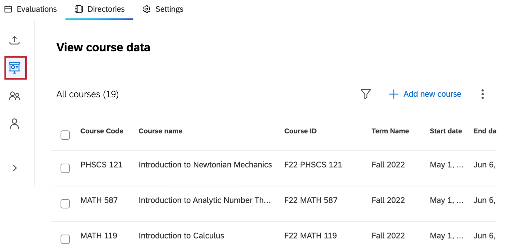 courses icon highlighted within the directories tab