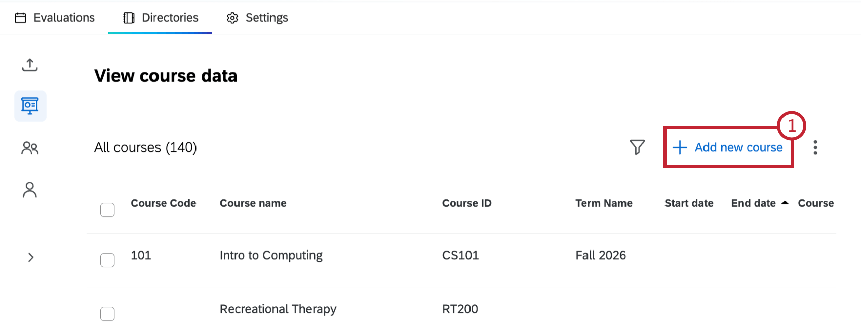 "add new course" button highlighted within the courses section of the directories tab