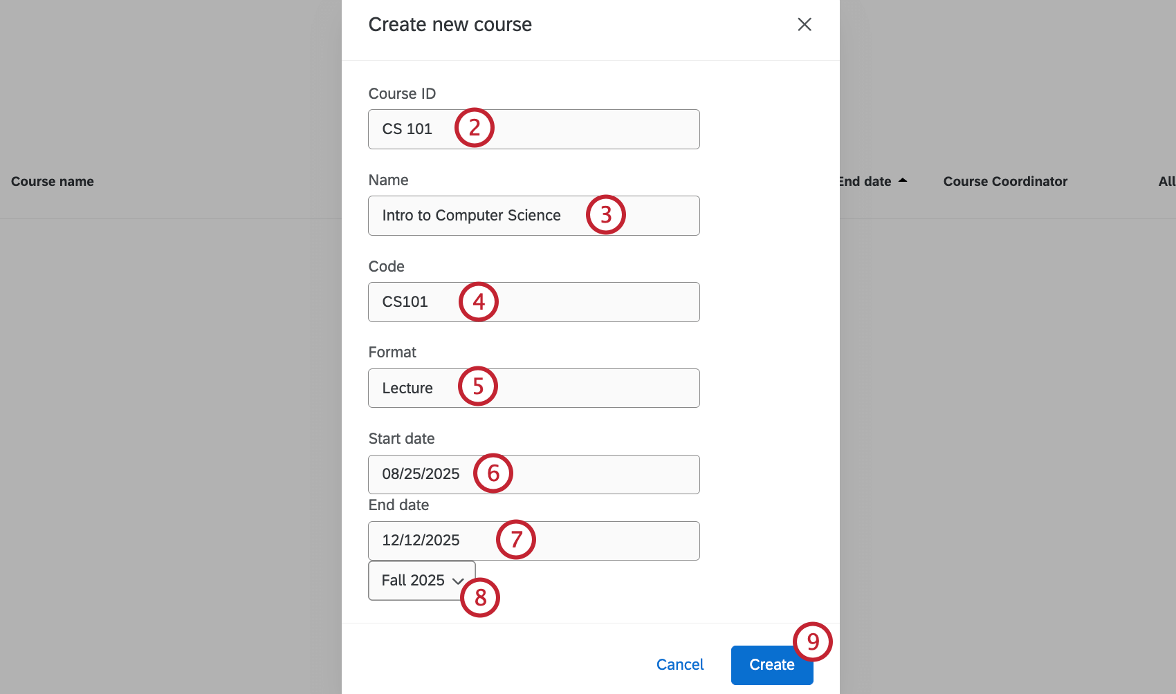 form fields to enter course information