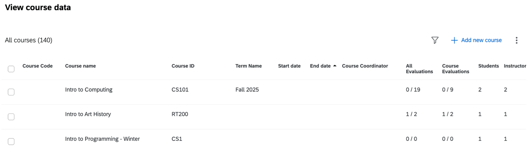 table to view information about uploaded courses