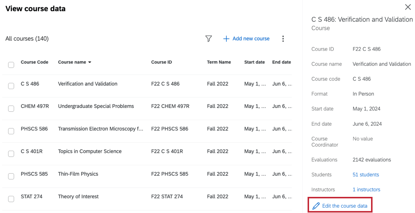 "edit the course data" button highlighted within the course information window to the right of the course table