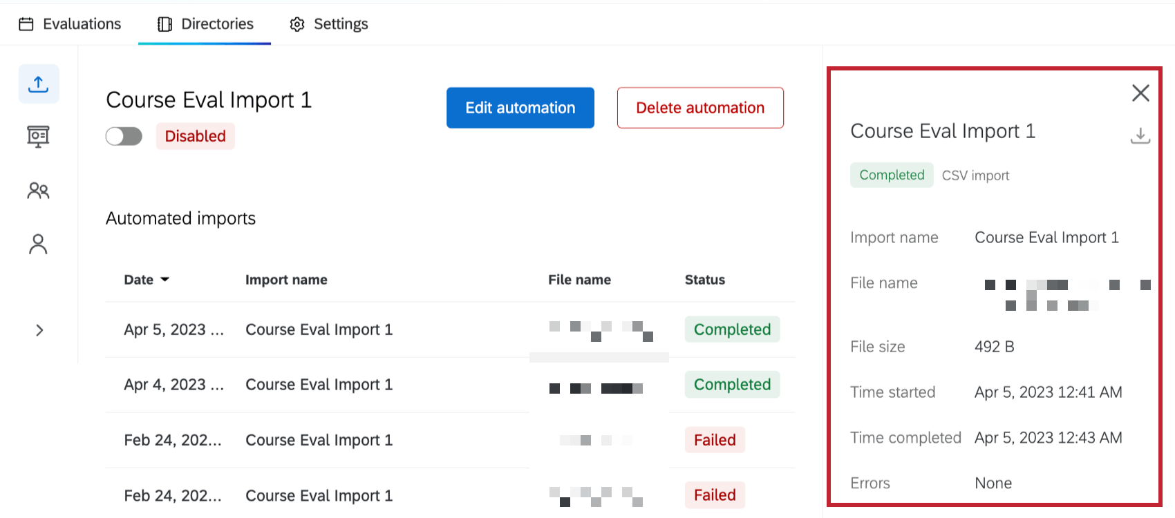 highlight around more information about an automation run in a window to the right of the automation history