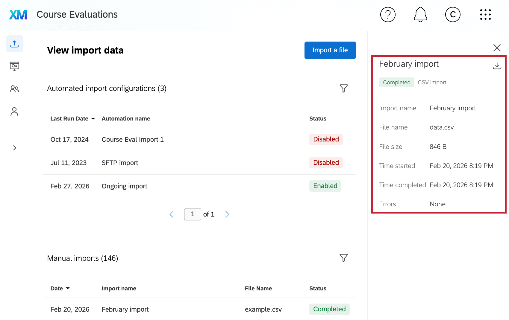 a highlight around the window to the right of the manual import table, which contains more information