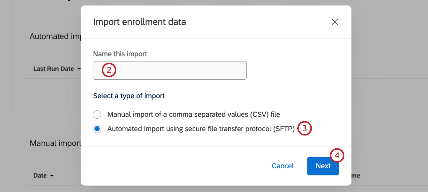options to name and select the type of import