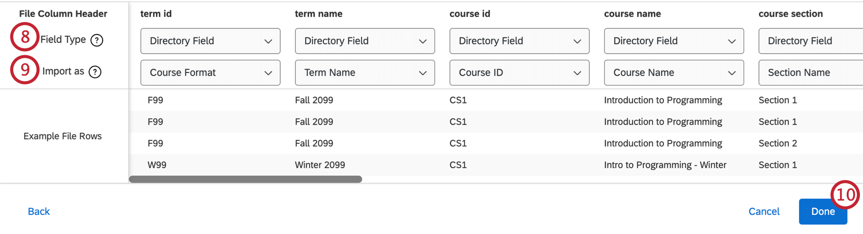 table with csv information so you can map the expected fields for your file into course evaluations