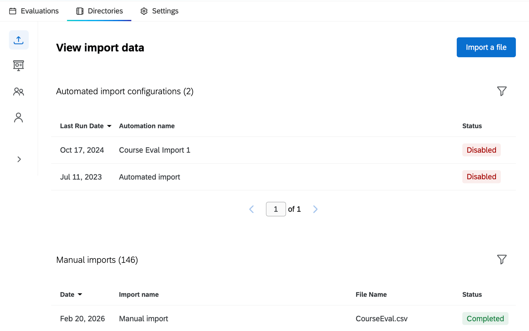 table within the import section of the directories tab to view past imports