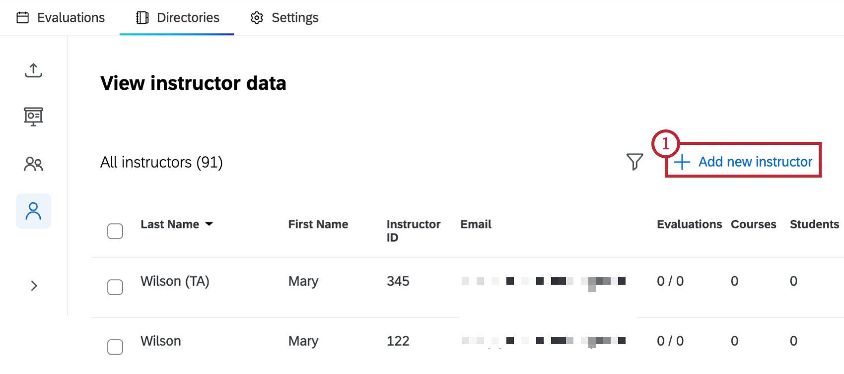 "add new instructor" button highlighted within the instructor section of the directories tab