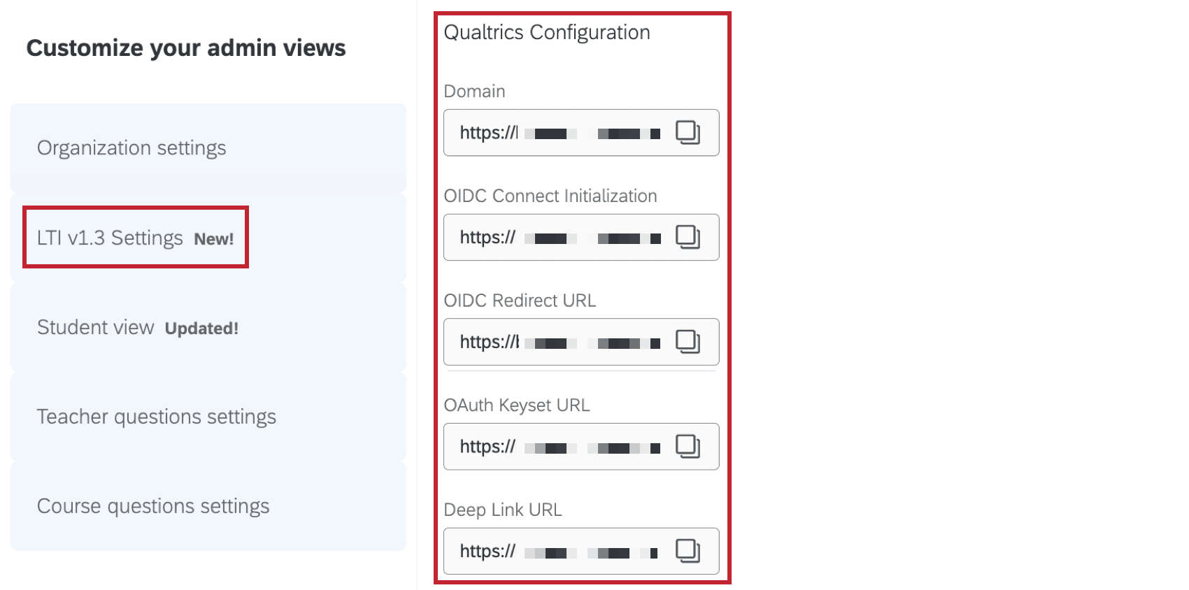 qualtrics configuration highlighted within the LTI 1.3 section of settings