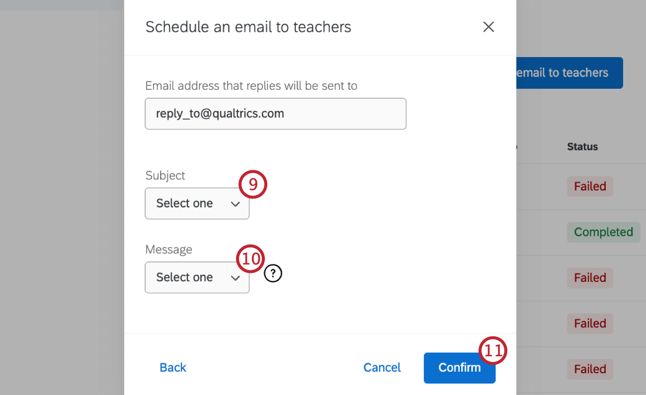 dropdowns to select an email subject and message