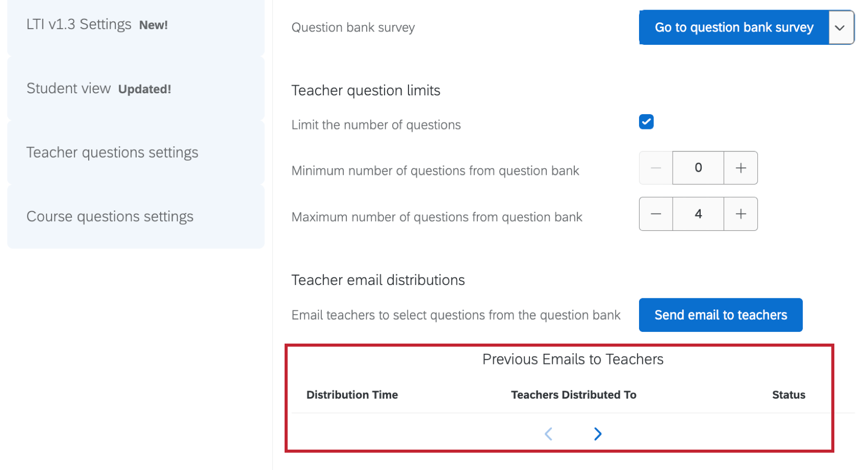 table highlighted within the settings tab that shows previous emails to teachers